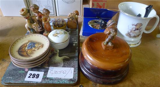 Wooden carved figure, musical box and 6 Hummel plates etc